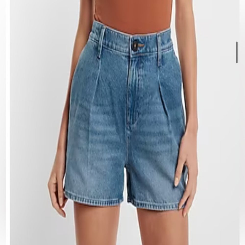 EXPRESS Super High Waisted Medium Wash Tailored Jean Shorts Elastic Band XXL - Picture 2 of 5